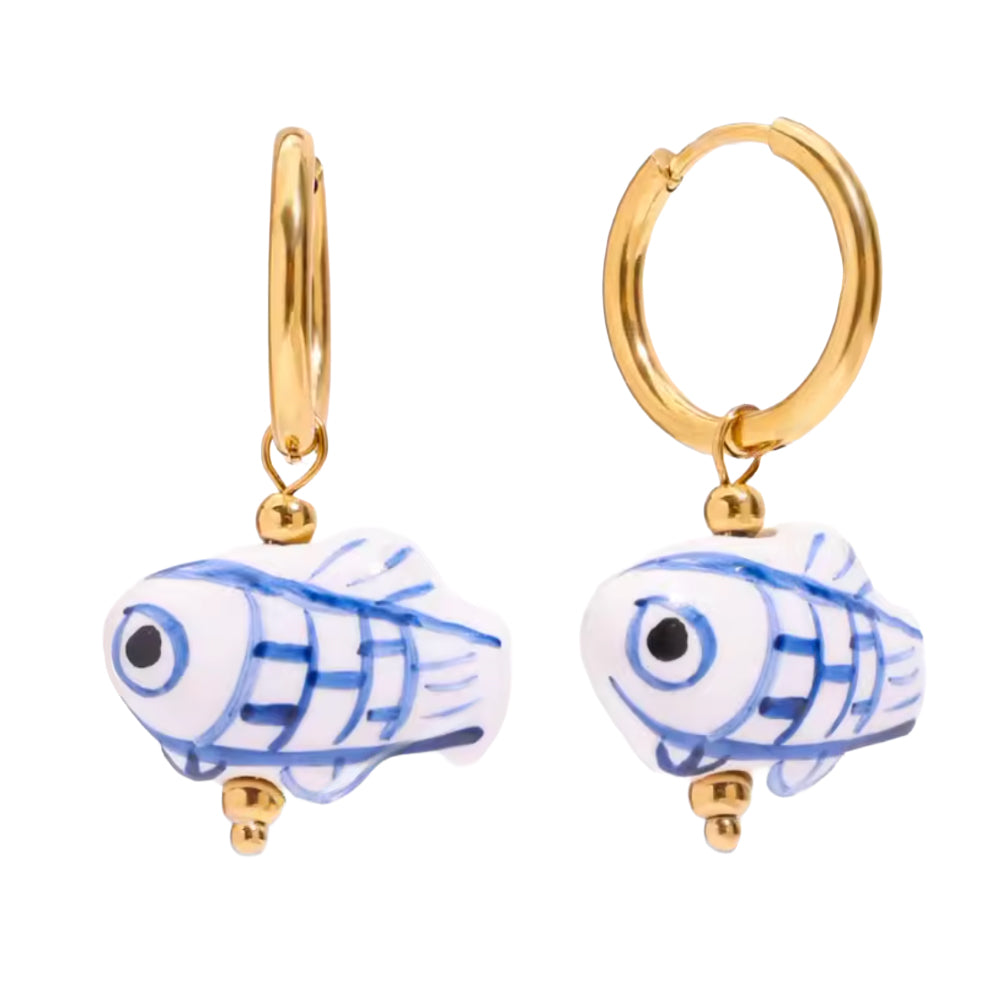 Blue Painted White Fish Dangling Huggie Hoop Earrings - Pair - Gold Plated Stainless Steel