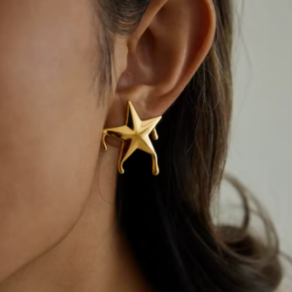 Dripping Star Stud Earrings - Pair - Gold Plated Stainless Steel