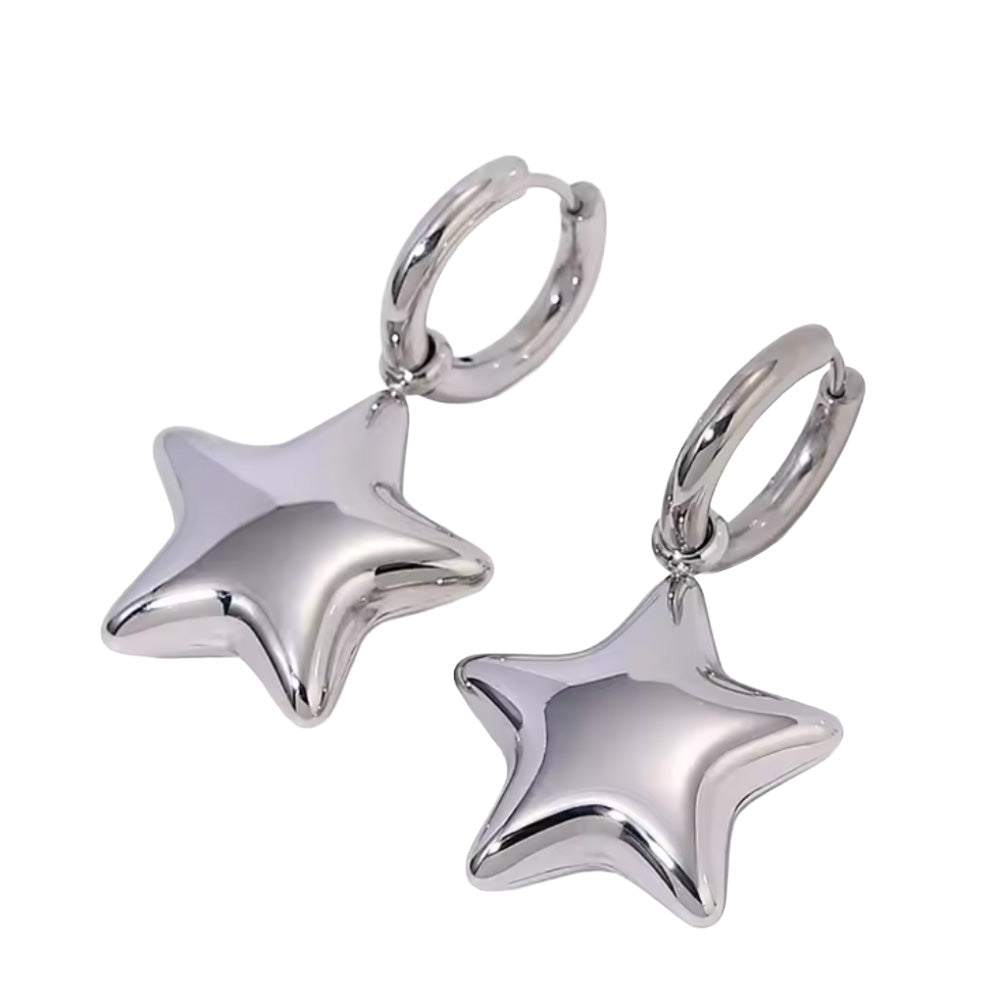 Chunky Star Dangling Huggie Hoop Earrings - Pair - Stainless Steel