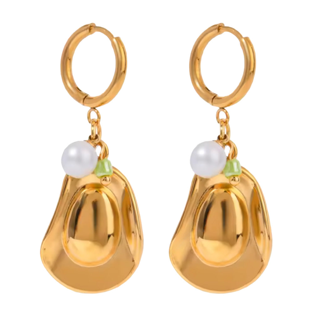 Cowboy Hats and Beaded Charms Dangling Huggie Hoop Earrings - Pair - Gold Plated Stainless Steel
