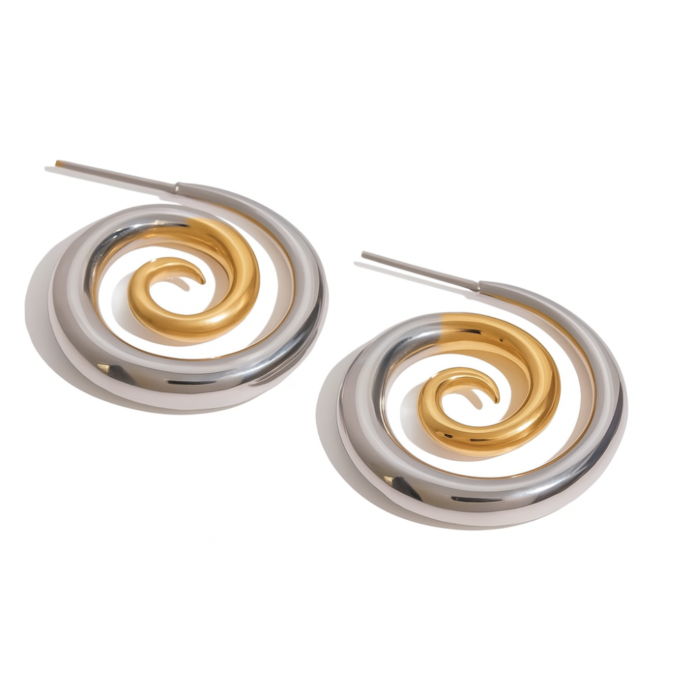 Two Tone Spiral Hoop Earrings - Pair - Stainless Steel