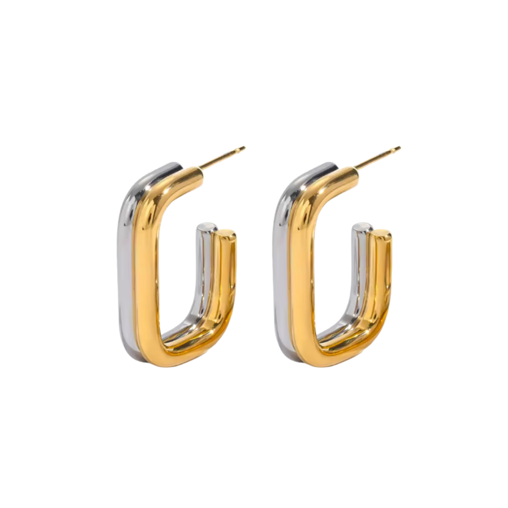 Two Tone Rectangular Double Hoop Earrings - Pair - Stainless Steel