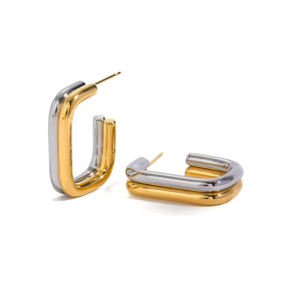Two Tone Rectangular Double Hoop Earrings - Pair - Stainless Steel