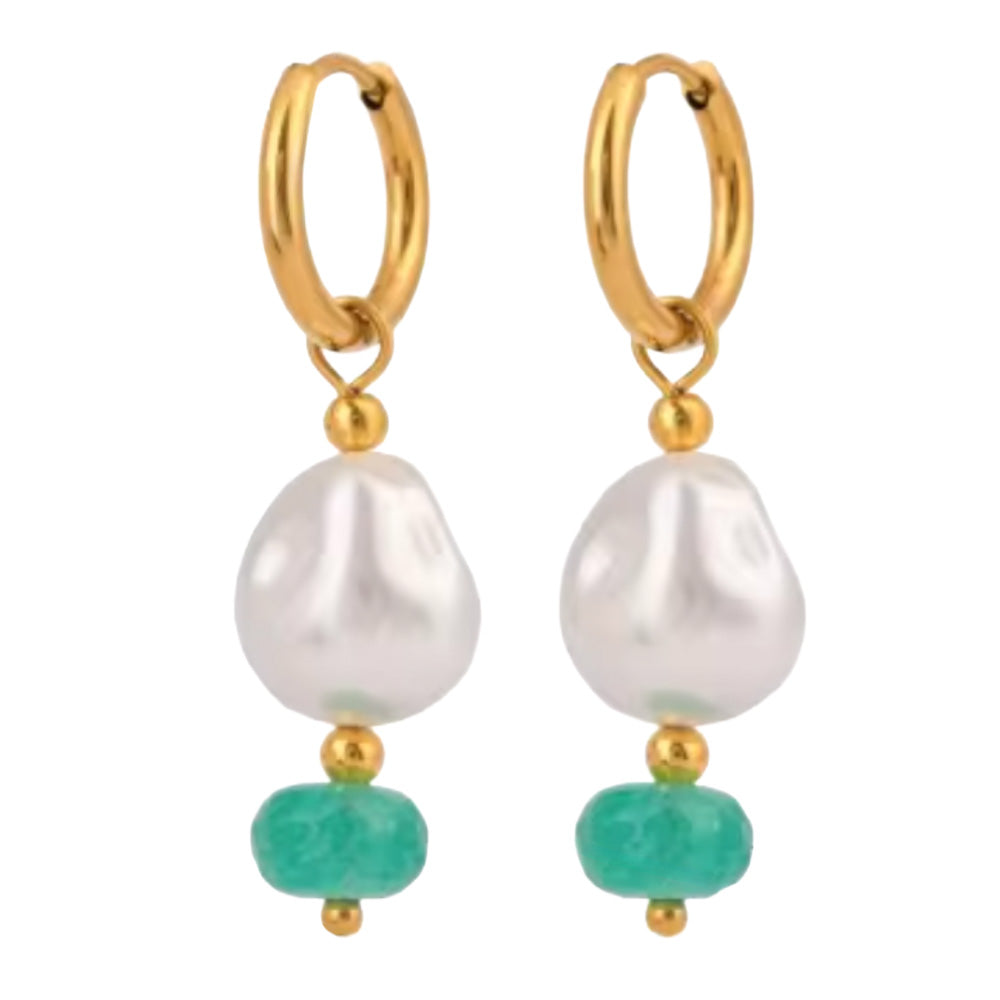 Synthetic Pearl and Aqua Bead Dangling Huggie Hoop Earrings - Pair - Gold Plated Stainless Steel