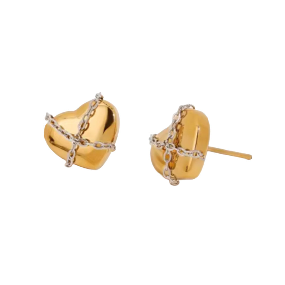 Two Tone Chained Heart Stud Earrings - Pair - Stainless Steel