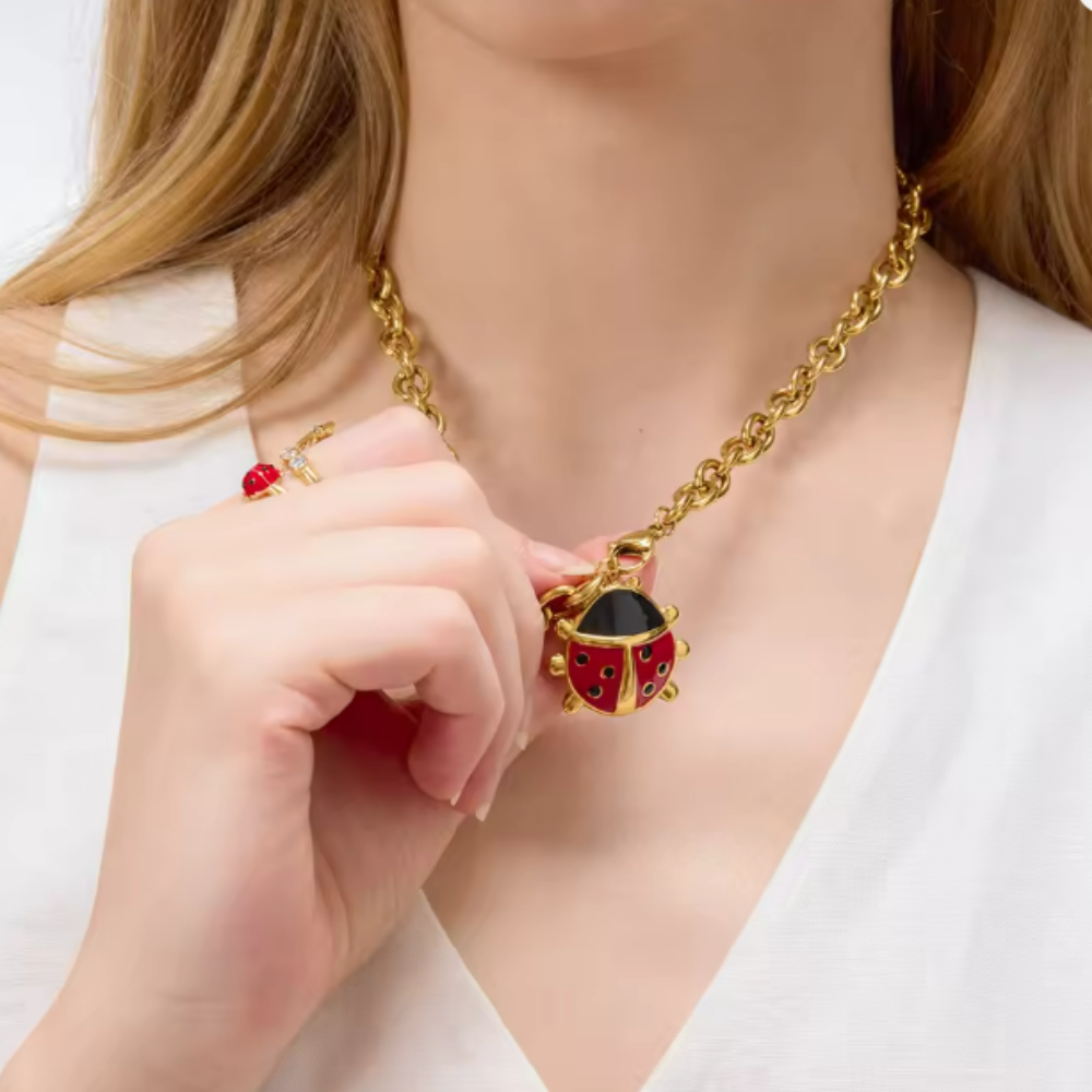 Ladybug Pendant Chain Necklace - 18K Gold Plated Stainless Steel