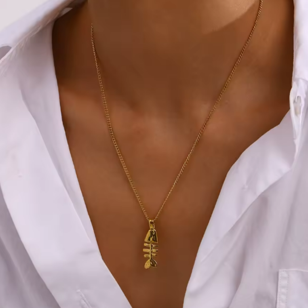 Fishbone Pendant Necklace - 18K Gold PVD Plated Stainless Steel