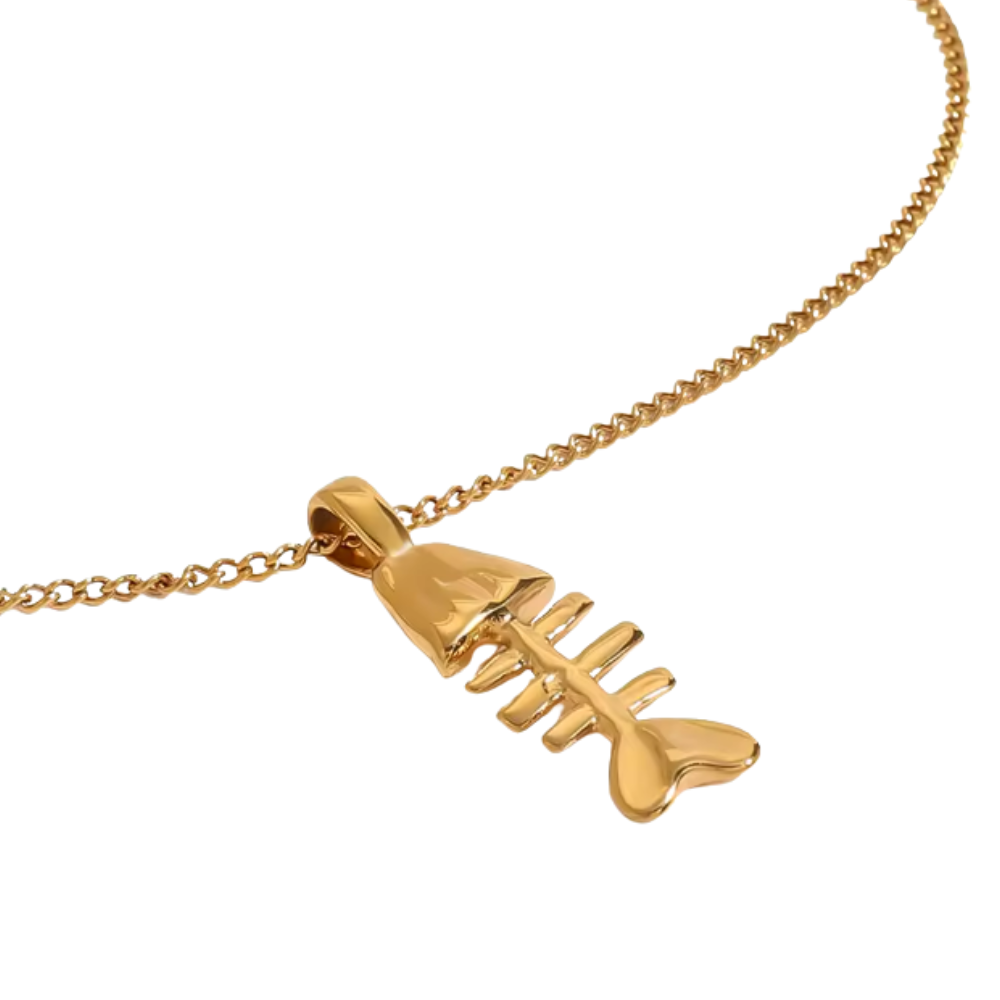 Fishbone Pendant Necklace - 18K Gold PVD Plated Stainless Steel