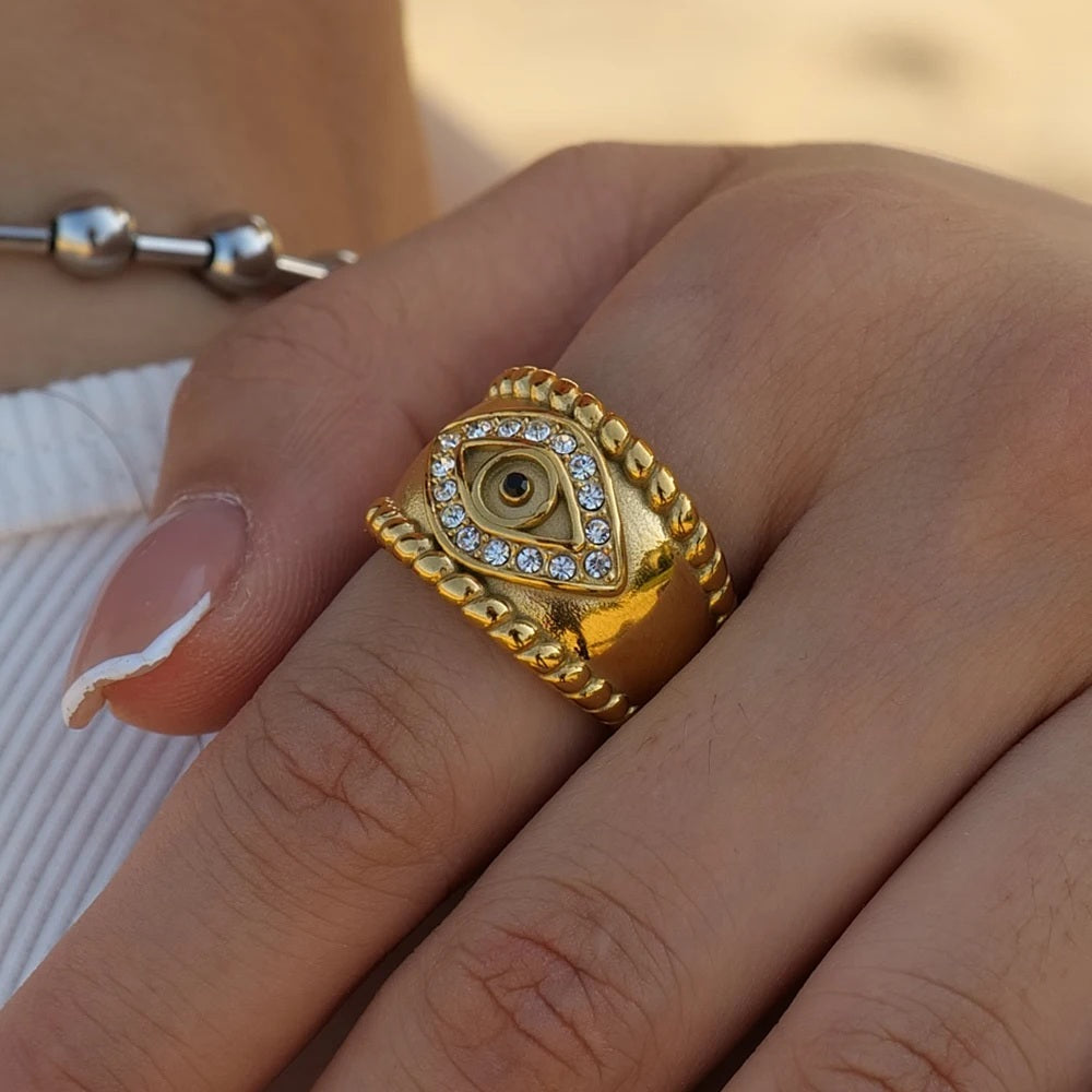 Crystal Evil Eye Ring - 18k Gold Plated Stainless Steel