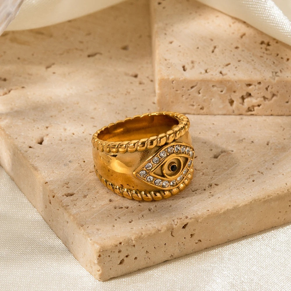 Crystal Evil Eye Ring - 18k Gold Plated Stainless Steel