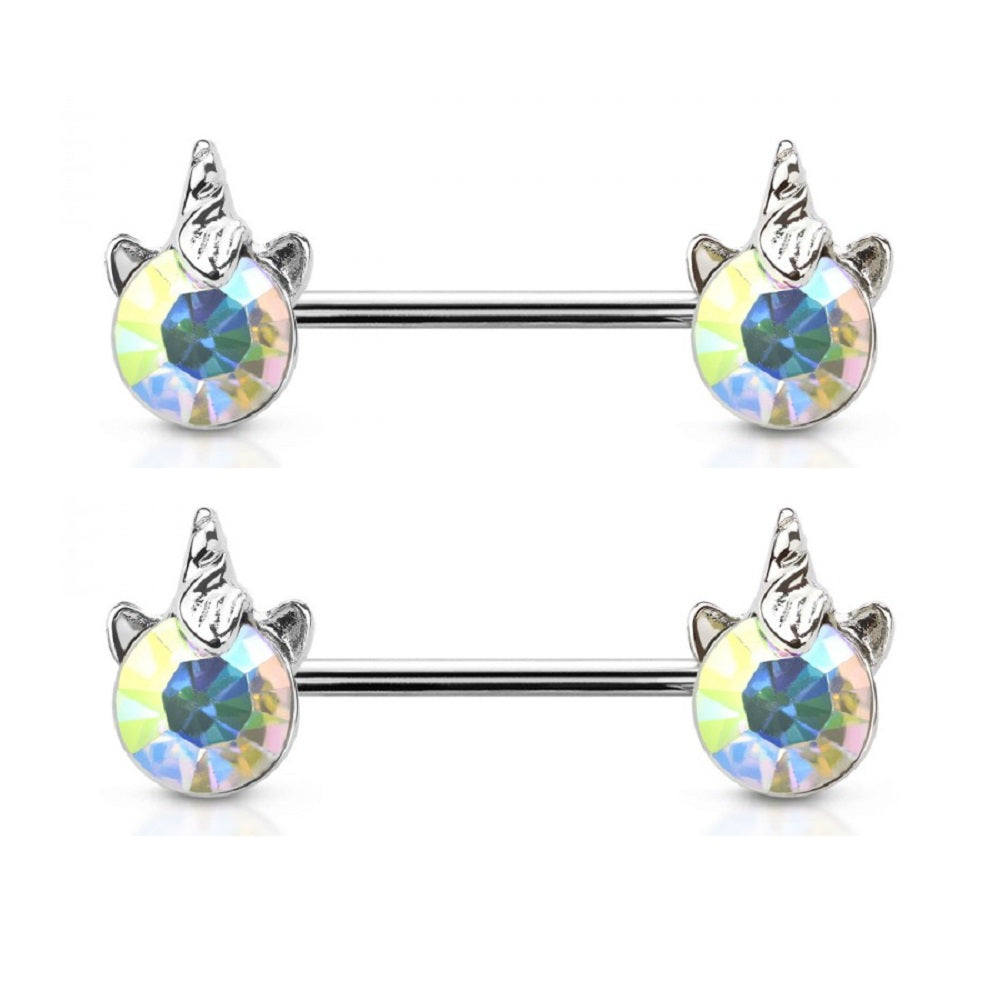 Crystal Unicorn Head Ends Nipple Barbells, Sold as a Pair - 316L Stainless Steel