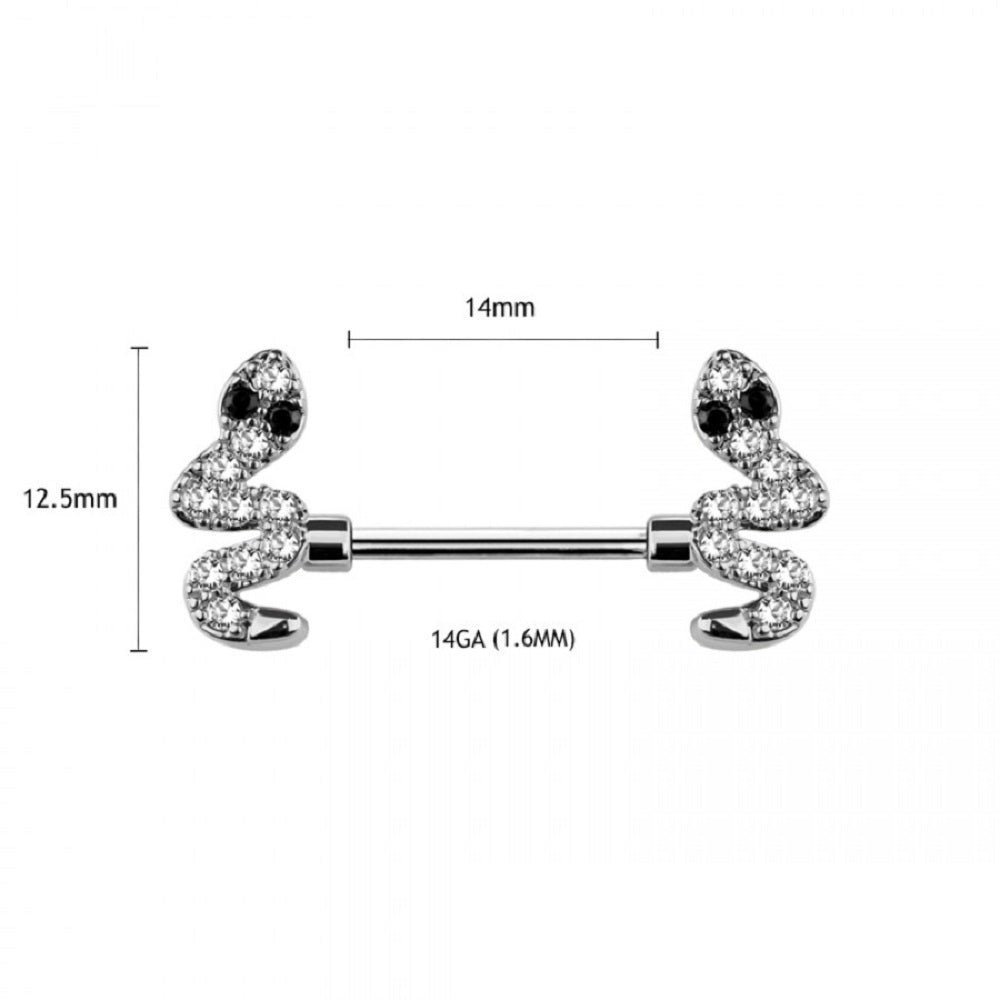 CZ Crystal Snake Ends Nipple Barbells - 316L Stainless Steel - Pair