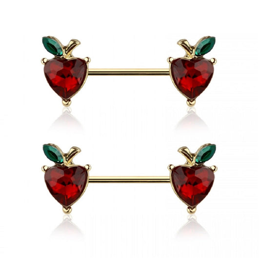 CZ Crystal Apple Ends Nipple Barbells, Sold as a Pair - Gold Tone 316L Stainless Steel