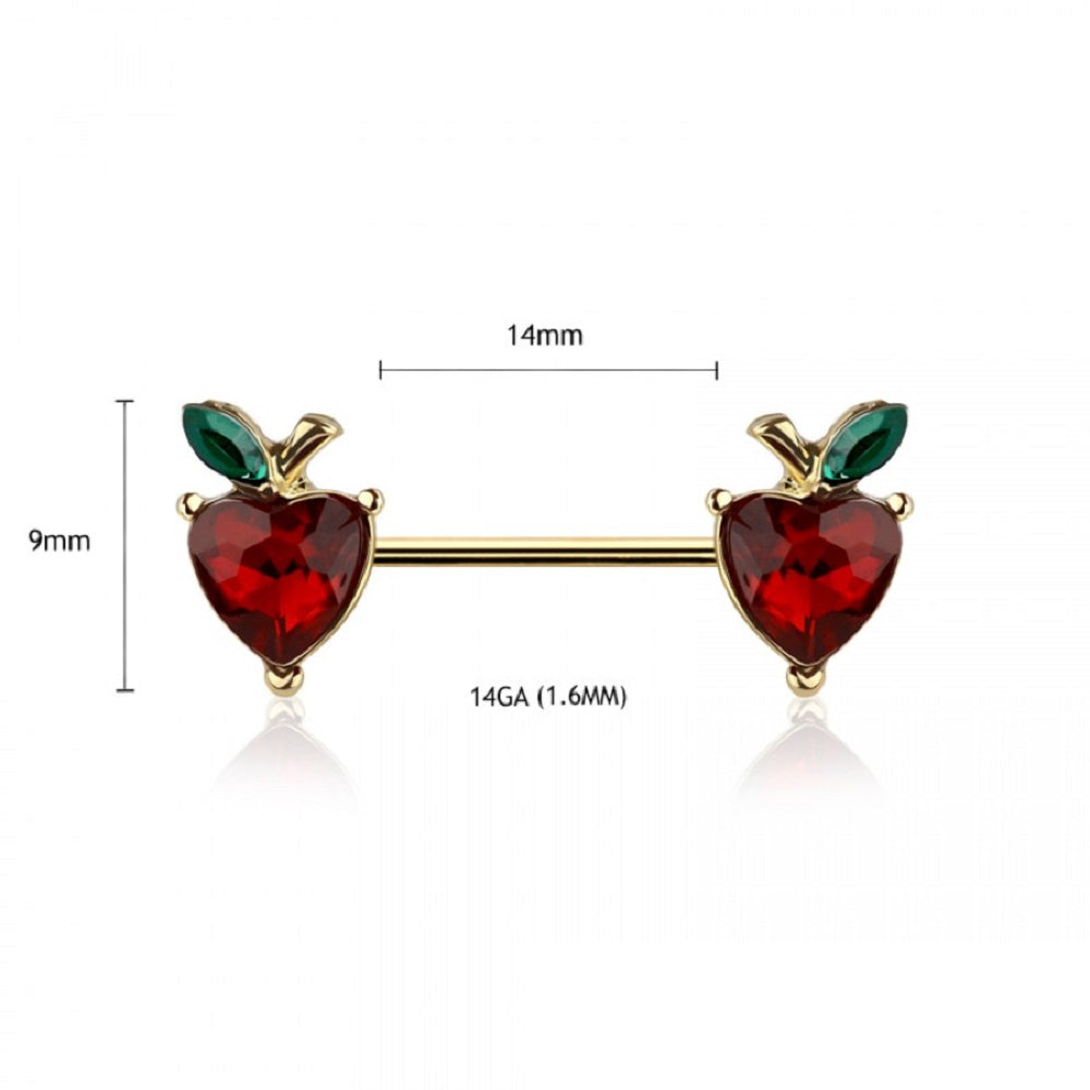 CZ Crystal Apple Ends Nipple Barbells, Sold as a Pair - Gold Tone 316L Stainless Steel