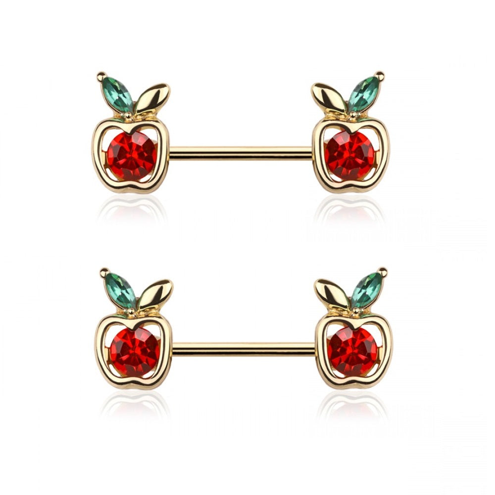 CZ Crystal Red Apple Ends Nipple Barbells - 316L Stainless Steel - Pair