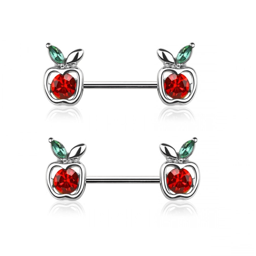CZ Crystal Red Apple Ends Nipple Barbells - 316L Stainless Steel - Pair