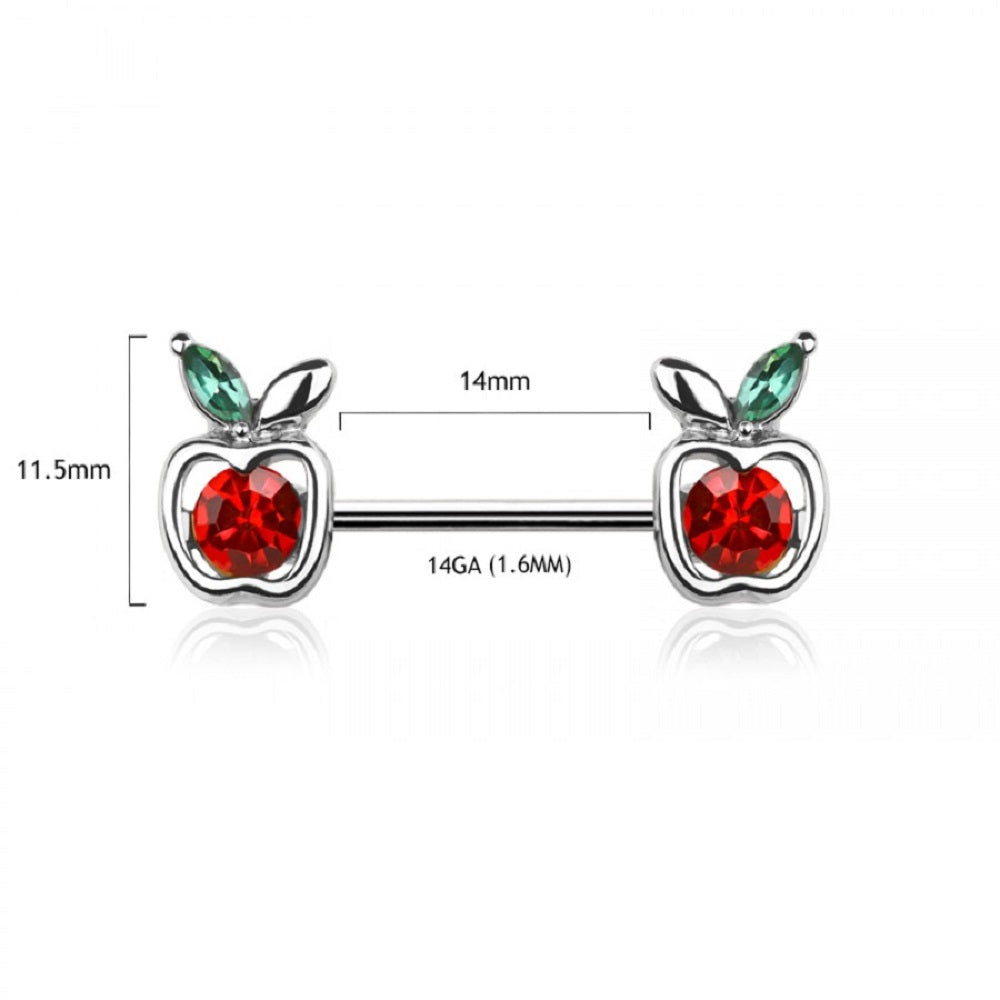 CZ Crystal Red Apple Ends Nipple Barbells - 316L Stainless Steel - Pair