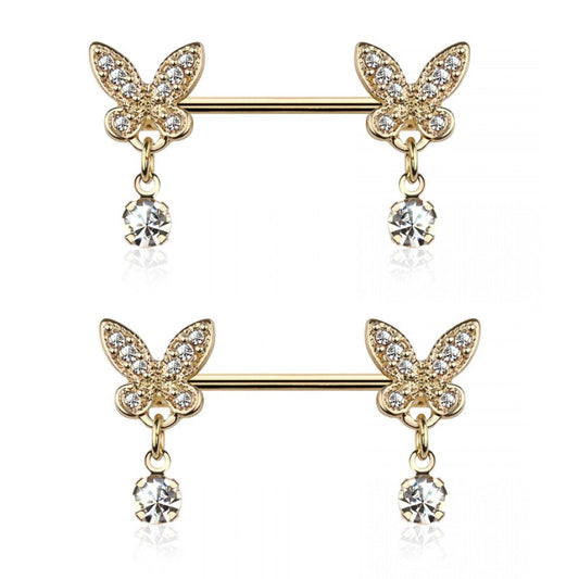CZ Crystal Butterfly Ends with Dangling Gems Nipple Barbells - 316L Stainless Steel - Pair