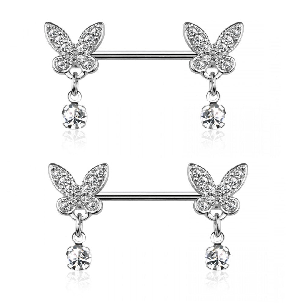 CZ Crystal Butterfly Ends with Dangling Gems Nipple Barbells - 316L Stainless Steel - Pair