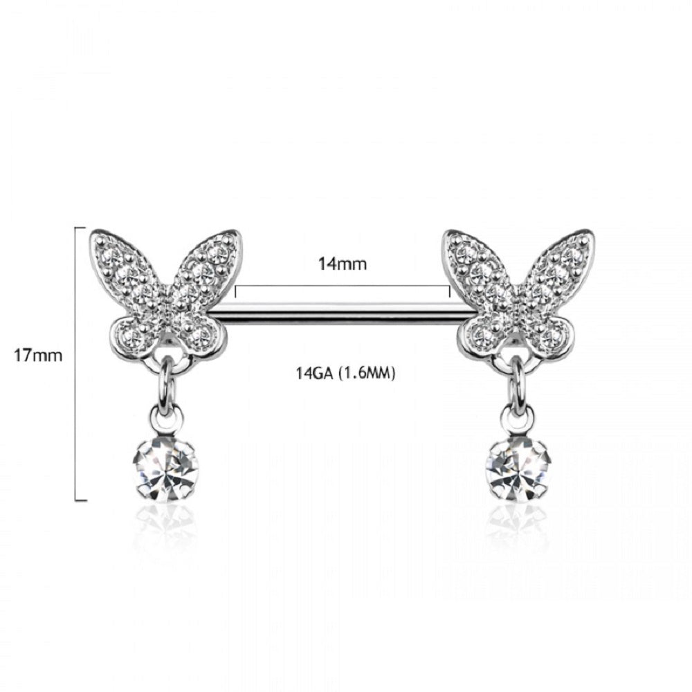 CZ Crystal Butterfly Ends with Dangling Gems Nipple Barbells - 316L Stainless Steel - Pair