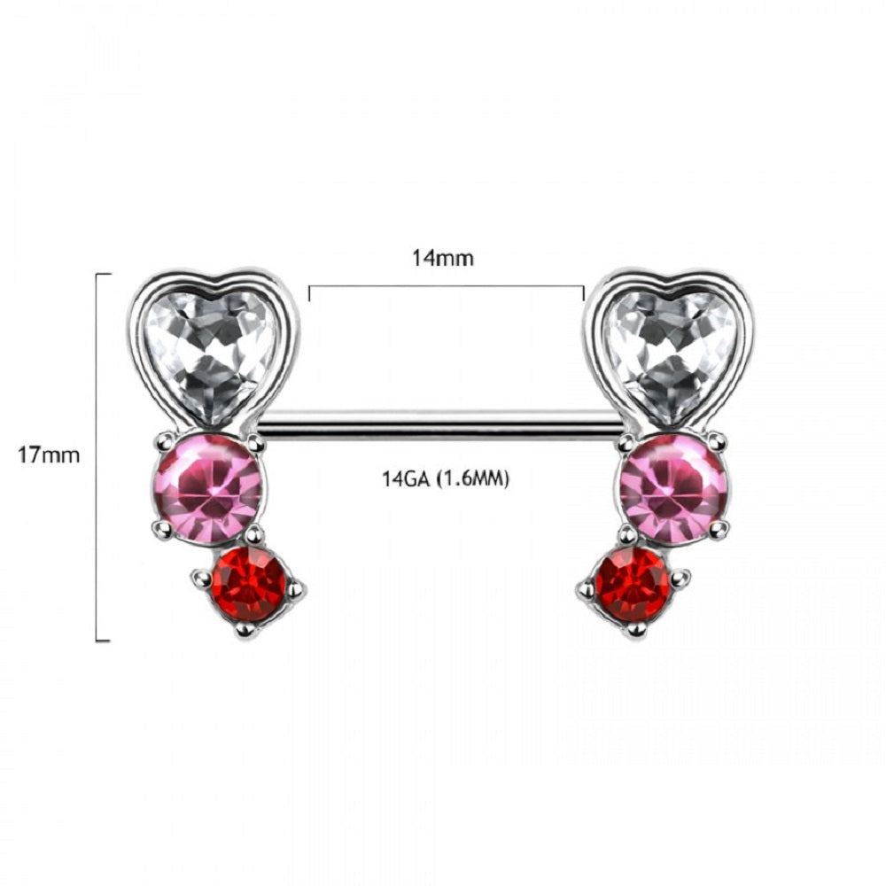 CZ Crysal Hearts with Red and Pink Crystal Drops Nipple Barbells - 316L Stainless Steel - Pair