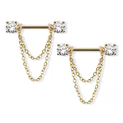 Prong Set CZ Crystal Ends with Double Dangling Chains Nipple Barbells - 316L Stainless Steel - Pair