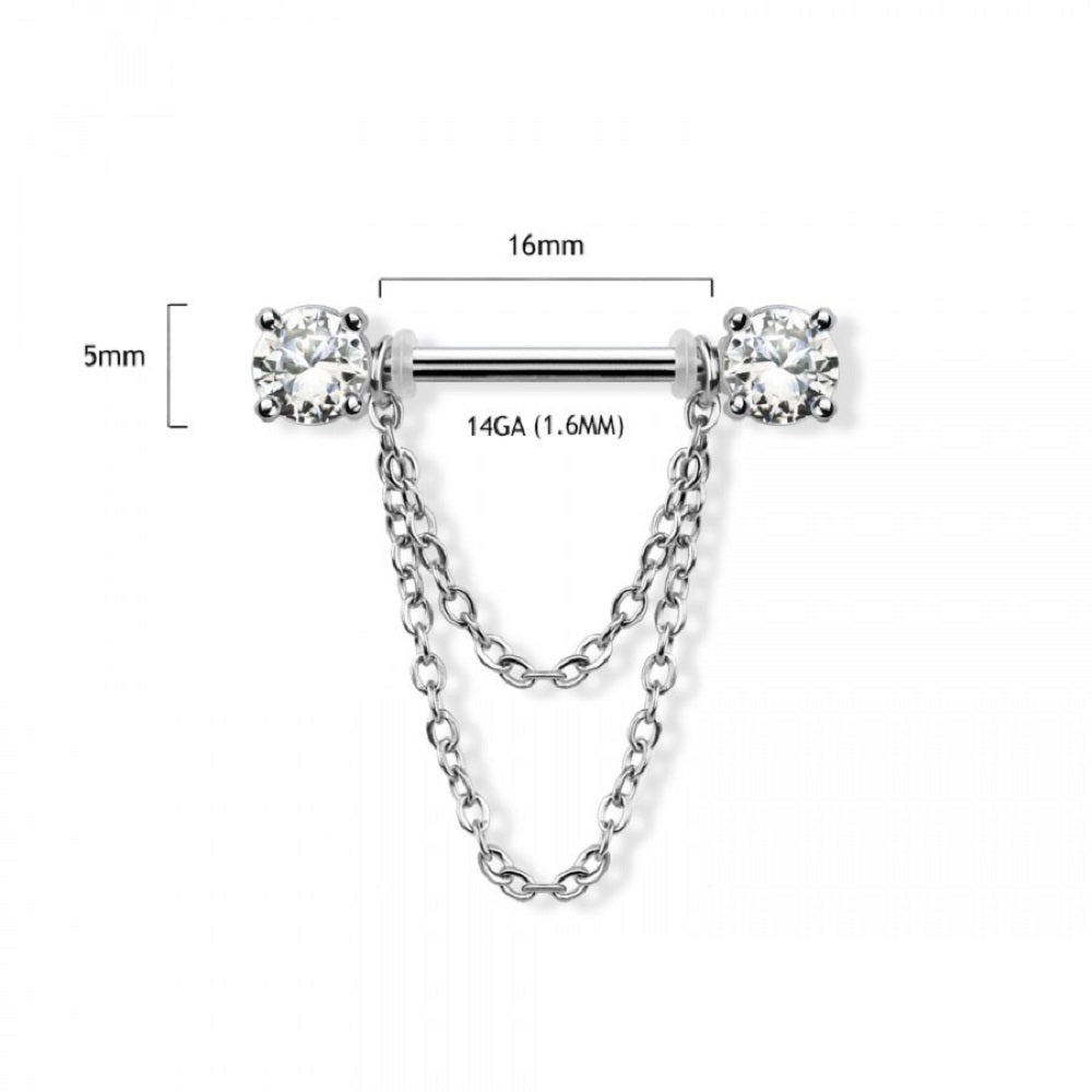 Prong Set CZ Crystal Ends with Double Dangling Chains Nipple Barbells - 316L Stainless Steel - Pair