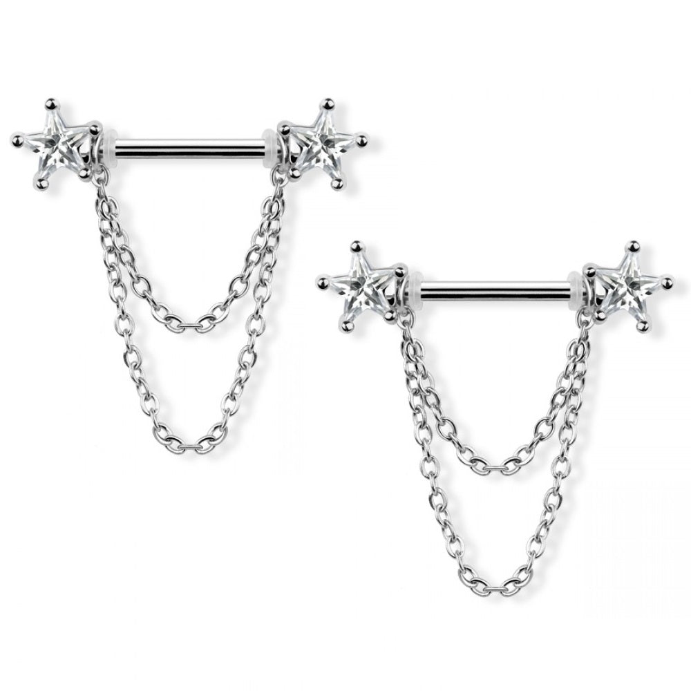 CZ Crystal Stars with Double Dangling Chains Nipple Barbells - 316L Stainless Steel - Pair