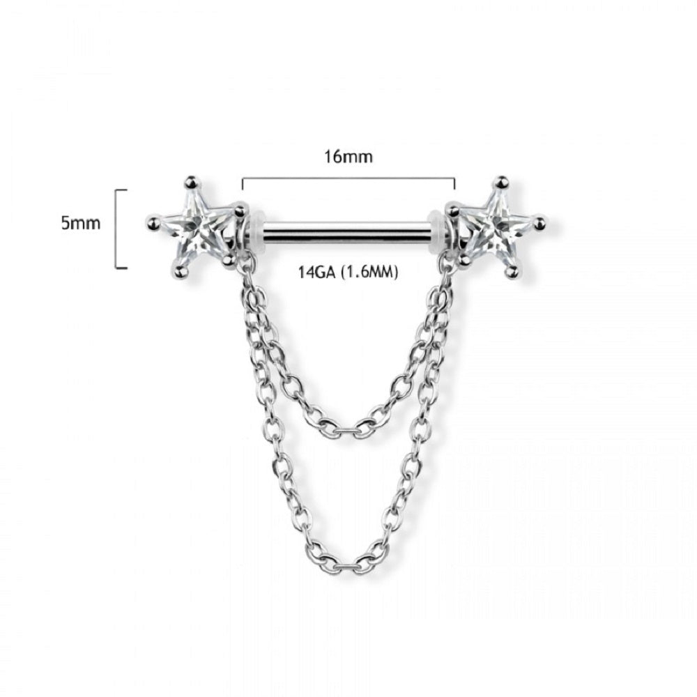 CZ Crystal Stars with Double Dangling Chains Nipple Barbells - 316L Stainless Steel - Pair