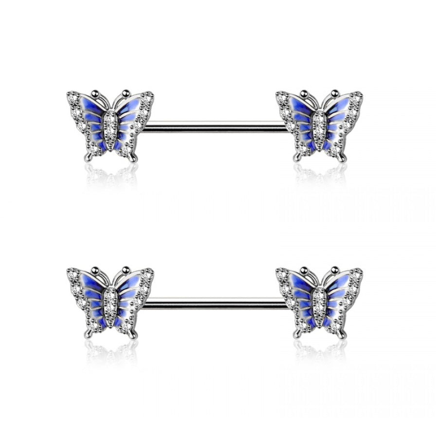 Blue CZ Crystal Butterfly Ends Nipple Barbells - Pair - 316L Stainless Steel