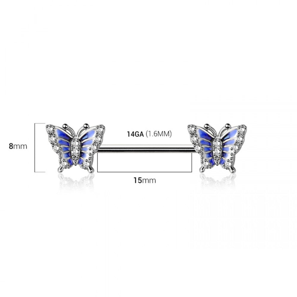 Blue CZ Crystal Butterfly Ends Nipple Barbells - Pair - 316L Stainless Steel