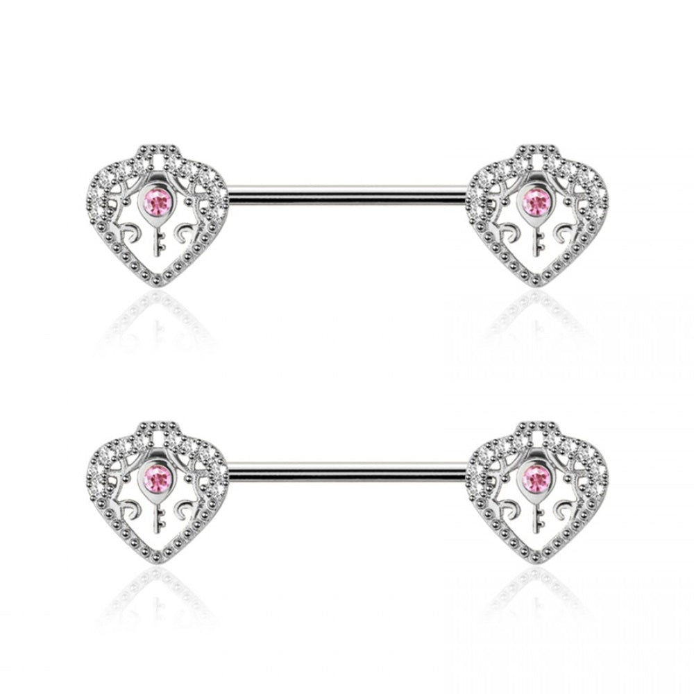 CZ Crystal Pink Key Heart Ends Nipple Barbells - Pair - 316L Stainless Steel