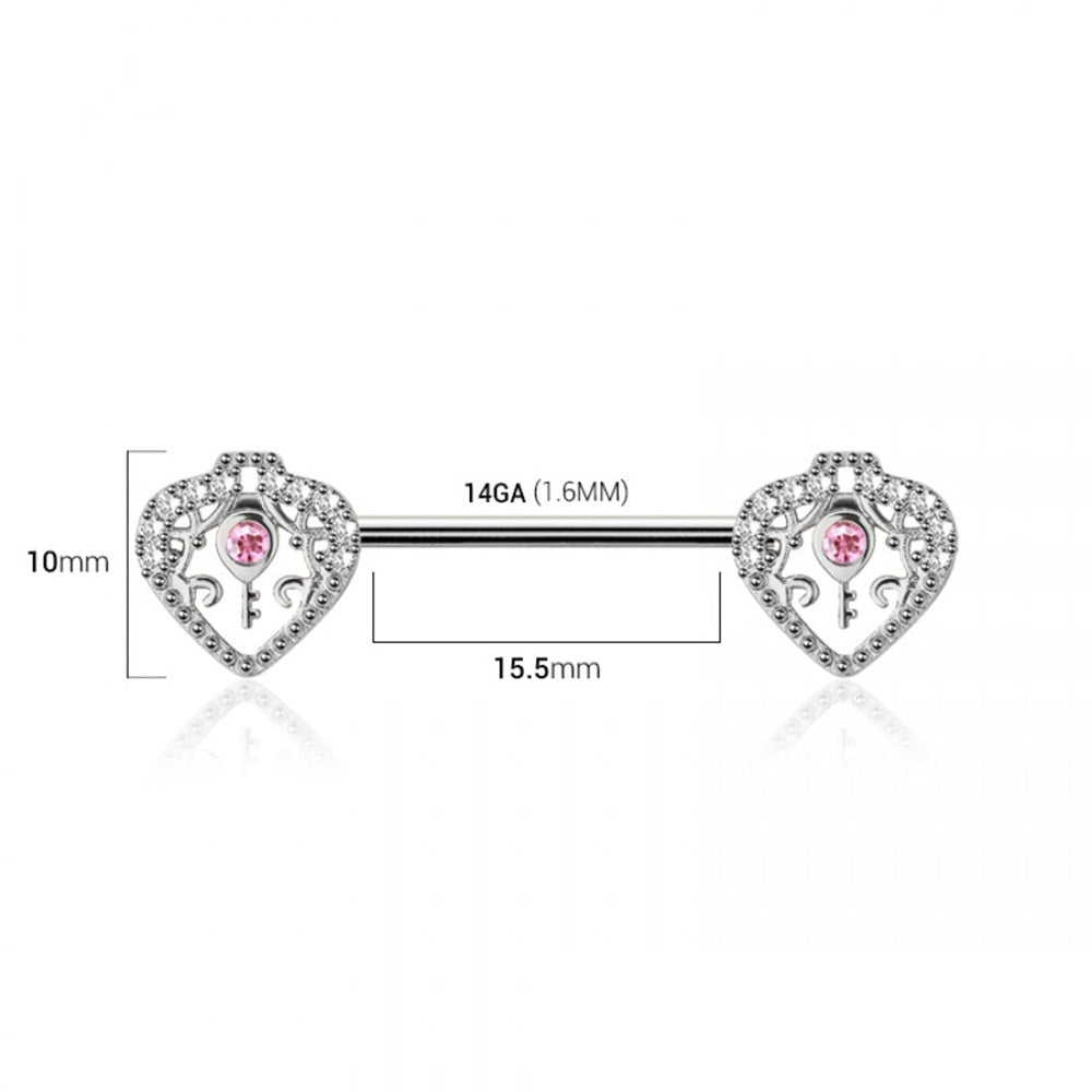 CZ Crystal Pink Key Heart Ends Nipple Barbells - Pair - 316L Stainless Steel