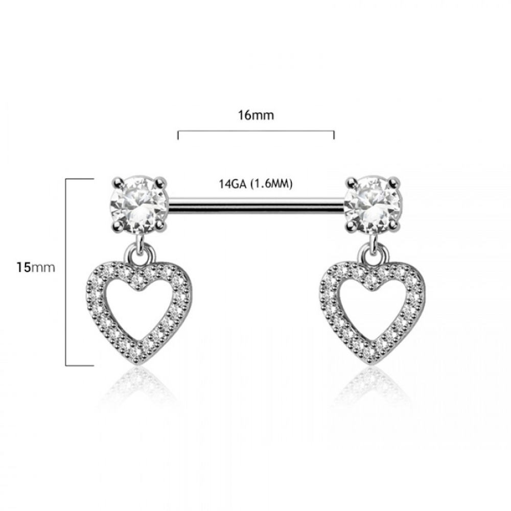 Prong Set CZ Crystal with Dangling Heart Nipple Barbells - Pair - 316L Stainless Steel