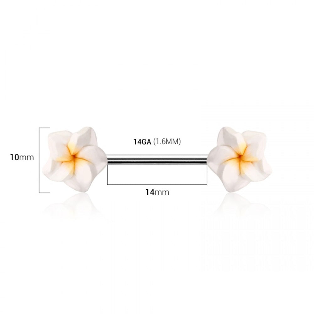 White and Yellow Plumeria Flower Nipple Barbells - Pair - 316L Stainless Steel