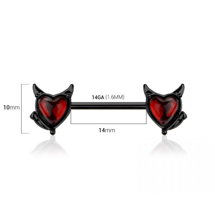 Devil Heart Nipple Barbells - 316L Stainless Steel - Pair