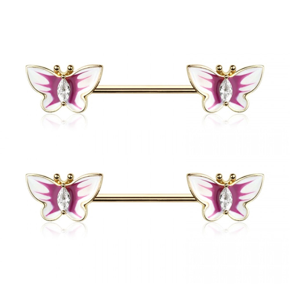 Enamel CZ Crystal Butterfly Ends Nipple Barbells - Pair - 316L Stainless Steel