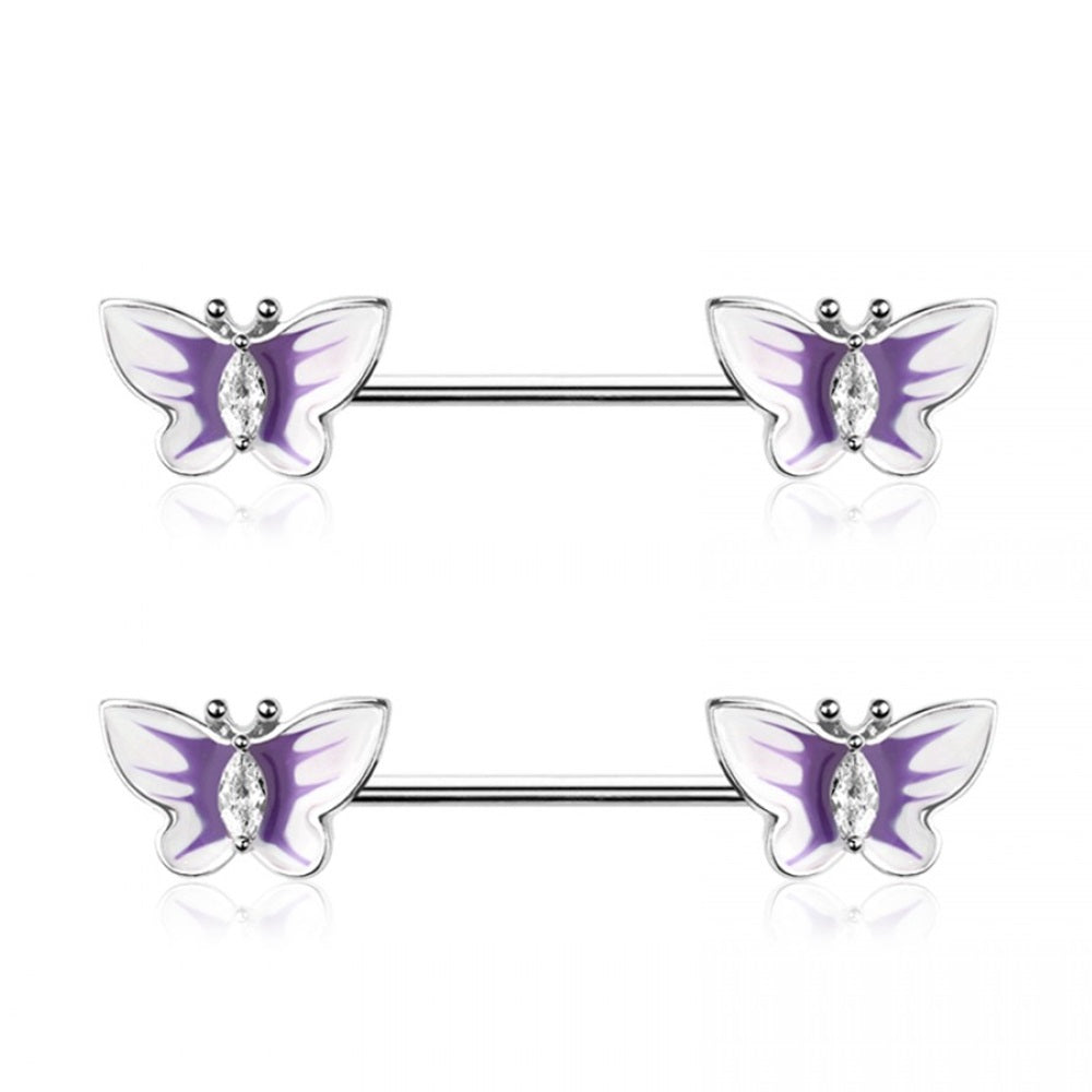 Enamel CZ Crystal Butterfly Ends Nipple Barbells - Pair - 316L Stainless Steel