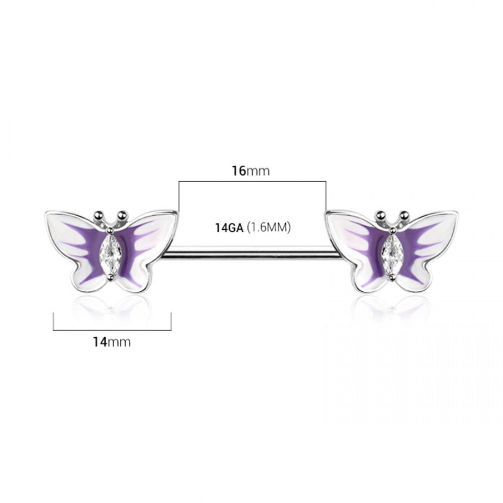 Enamel CZ Crystal Butterfly Ends Nipple Barbells - Pair - 316L Stainless Steel