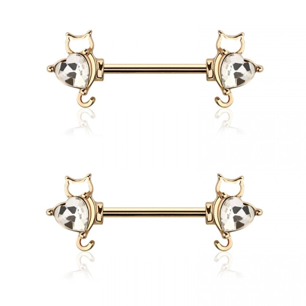 CZ Crystal Cat Ends Nipple Barbells - Pair - 316L Stainless Steel