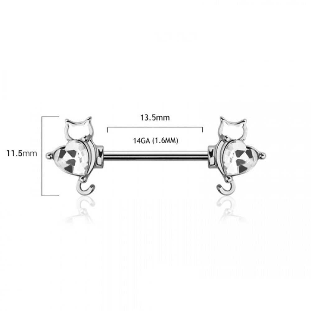 CZ Crystal Cat Ends Nipple Barbells - Pair - 316L Stainless Steel