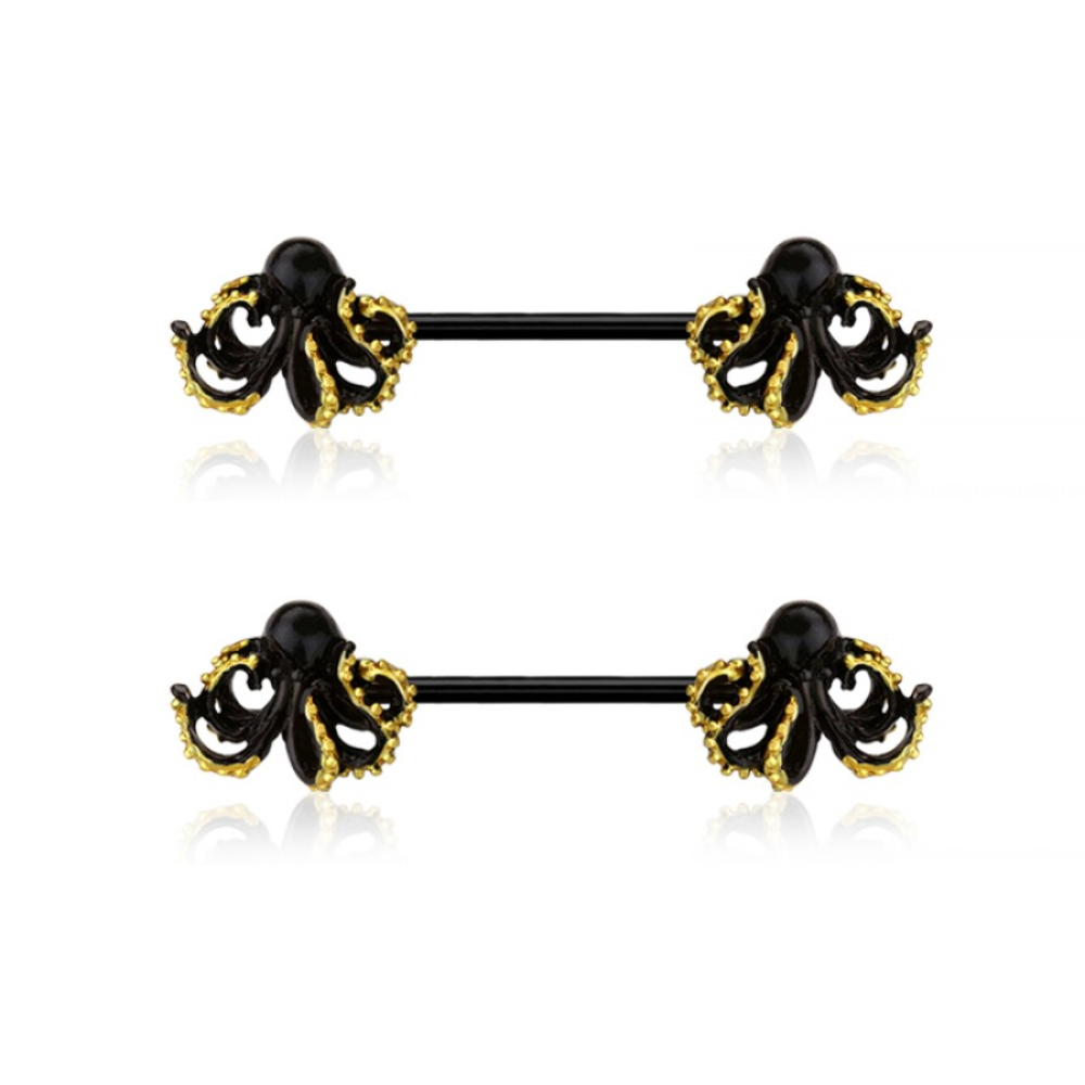 Black Kraken Octopus Nipple Barbells - Pair - 316L Stainless Steel