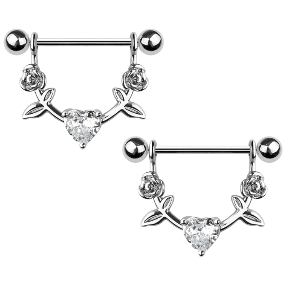 Dangling CZ Crystal Heart with Roses Nipple Barbells - Pair - 316L Stainless Steel