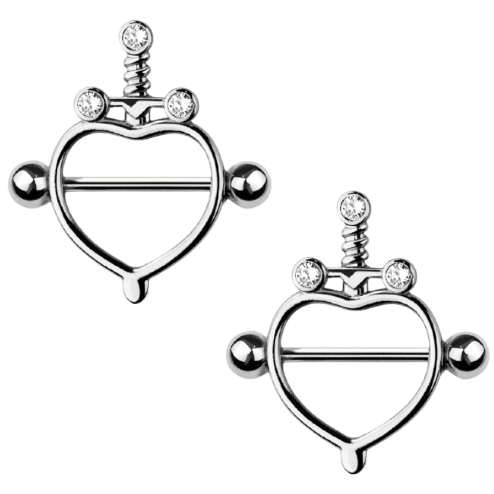 Sword with Heart Outline Nipple Shields - Pair - 316L Stainless Steel