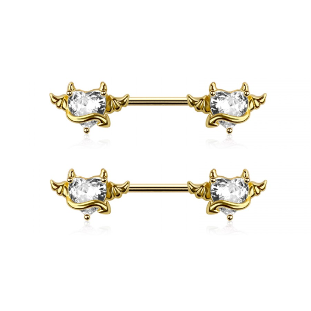 CZ Crystal Devil Heart Nipple Barbells - Pair - 316L Stainless Steel