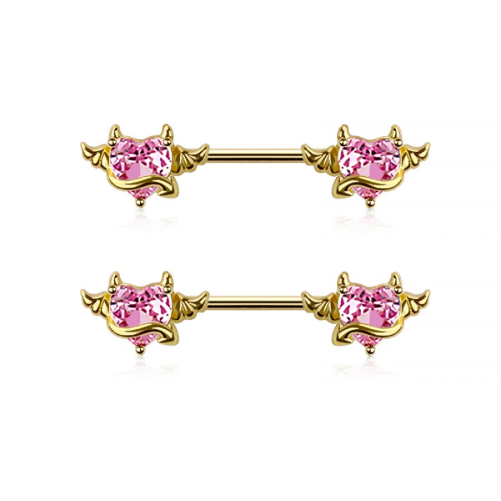CZ Crystal Devil Heart Nipple Barbells - Pair - 316L Stainless Steel