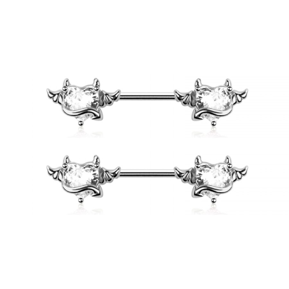 CZ Crystal Devil Heart Nipple Barbells - Pair - 316L Stainless Steel
