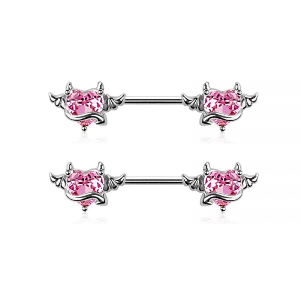 CZ Crystal Devil Heart Nipple Barbells - Pair - 316L Stainless Steel