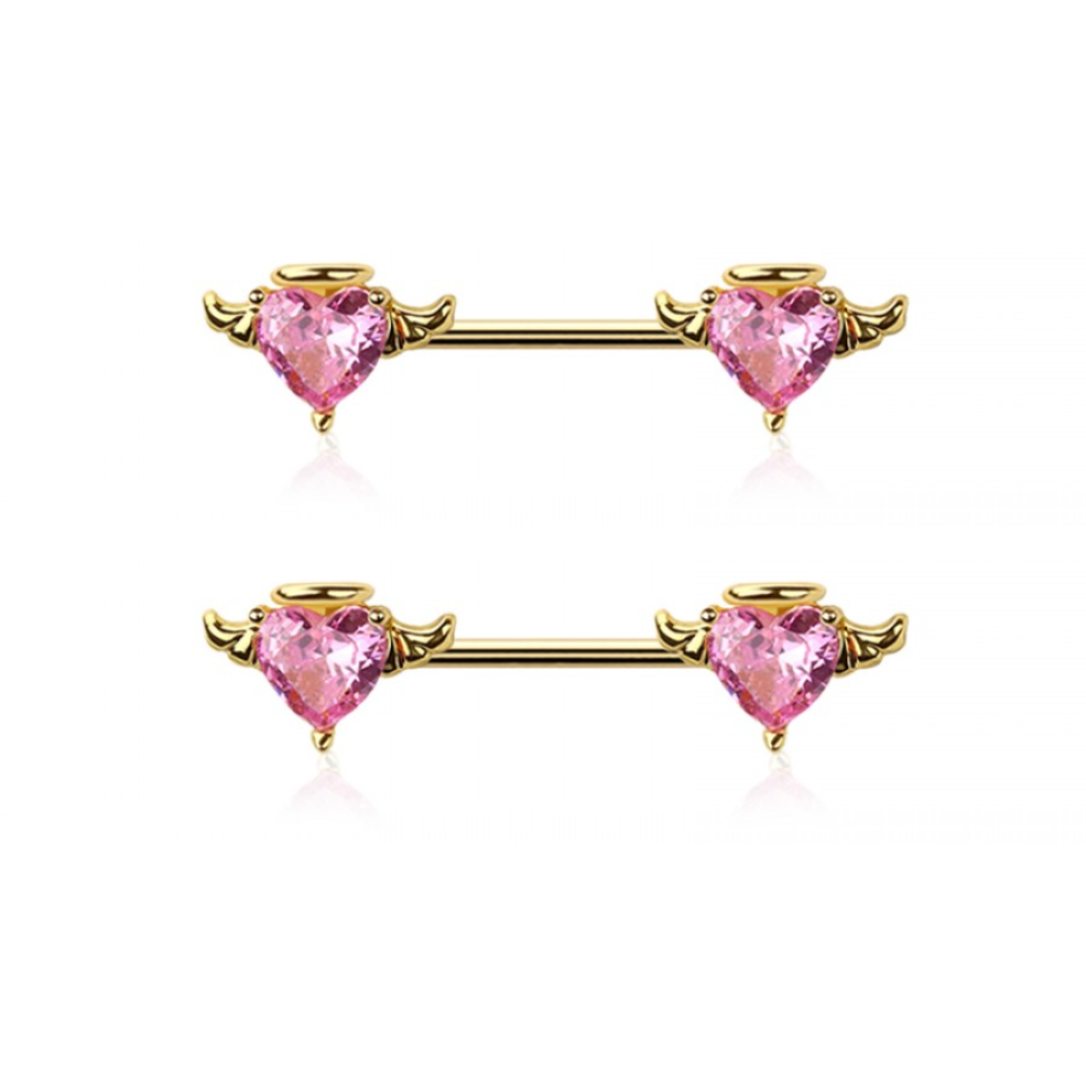 CZ Crystal Angel Heart Nipple Barbells - Pair - 316L Stainless Steel