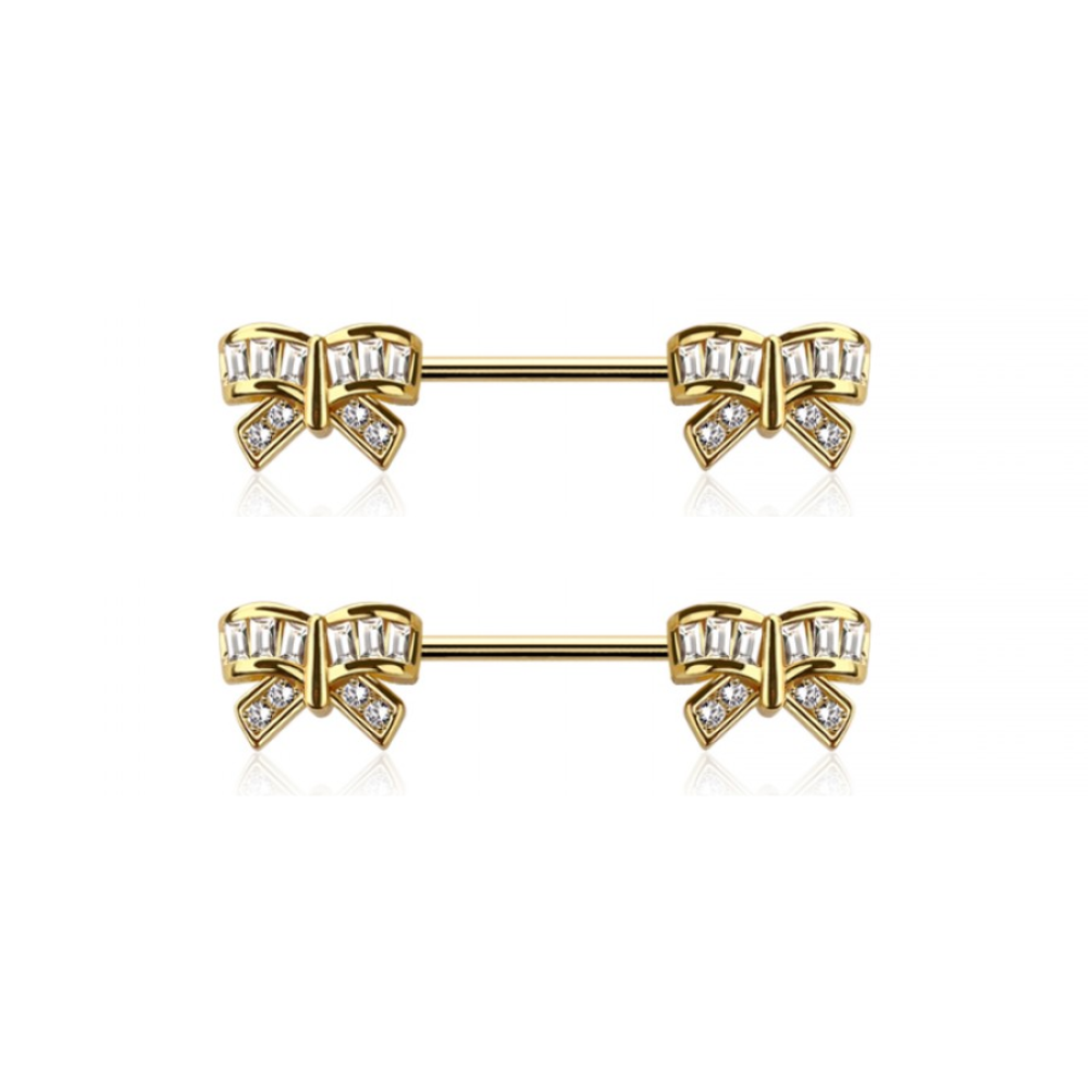 CZ Crystal Bows Nipple Barbells - Pair - 316L Stainless Steel